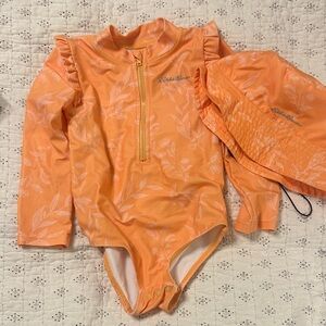 Eddie Bauer Orange Floral Long-Sleeve One-Piece Swimsuit with Hat